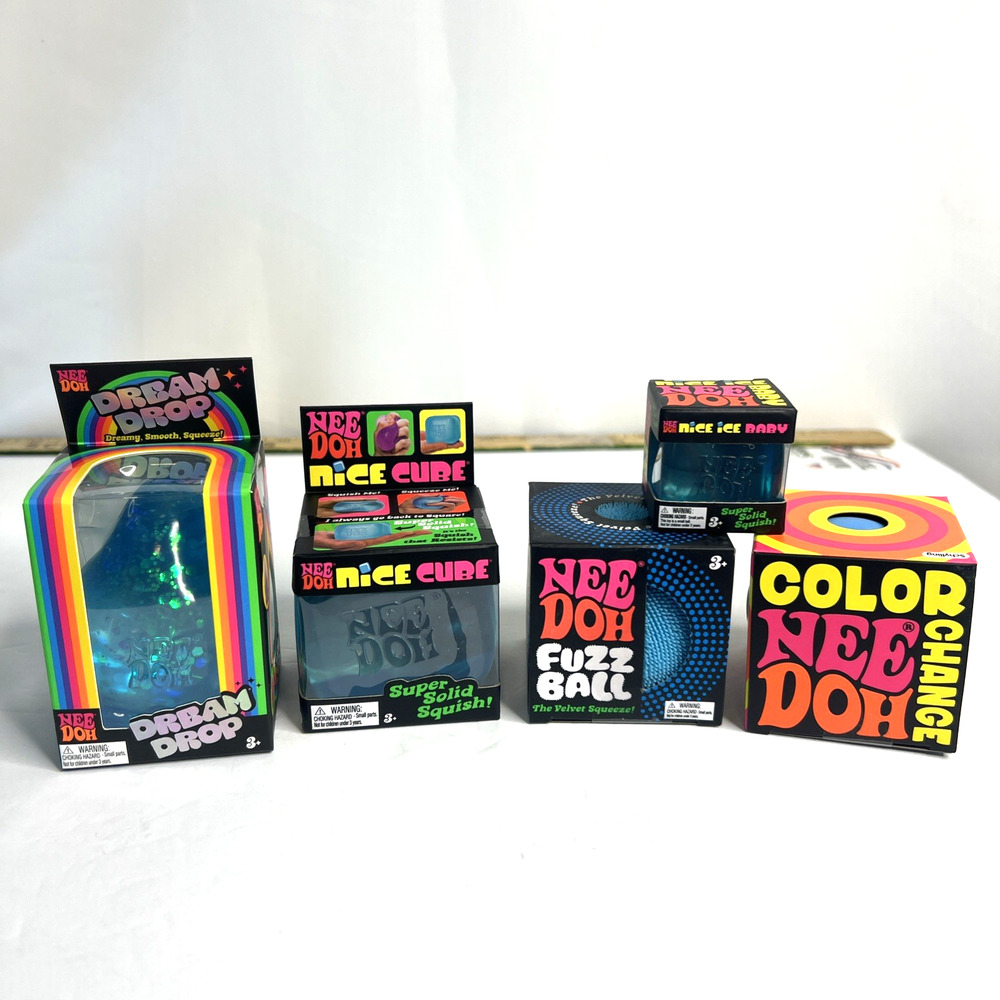 Authentic NeeDoh Bundle Nice Cube, Color Change, Fuzz Ball, Mini Cube Dream Drop